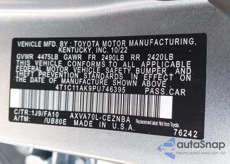 2023 Toyota Camry Le z USA, uszkodzony, nr VIN 4T1C11AK9PU746395
